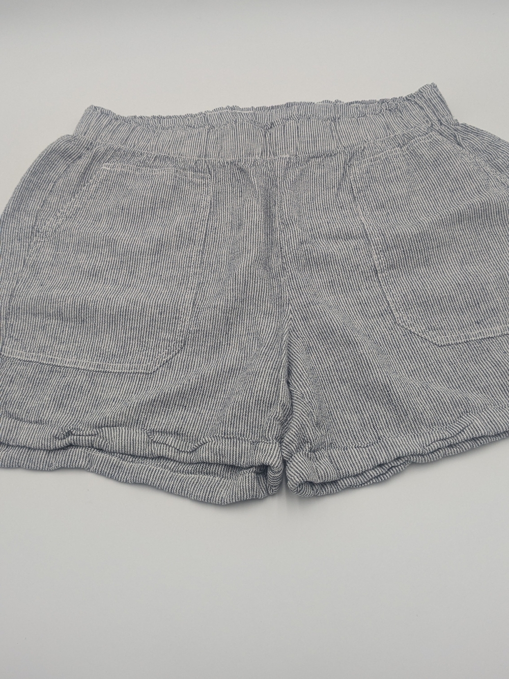 Briggs Blue White Pinstripe Pull-On Shorts Large Elastic Waist Linen Blend Look